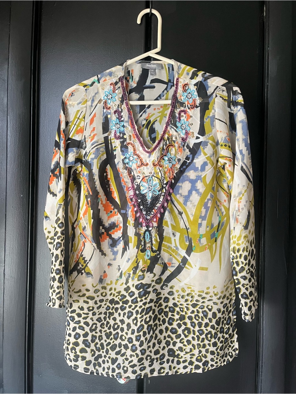 Embellished Multicolor V-Neck Tunic Top